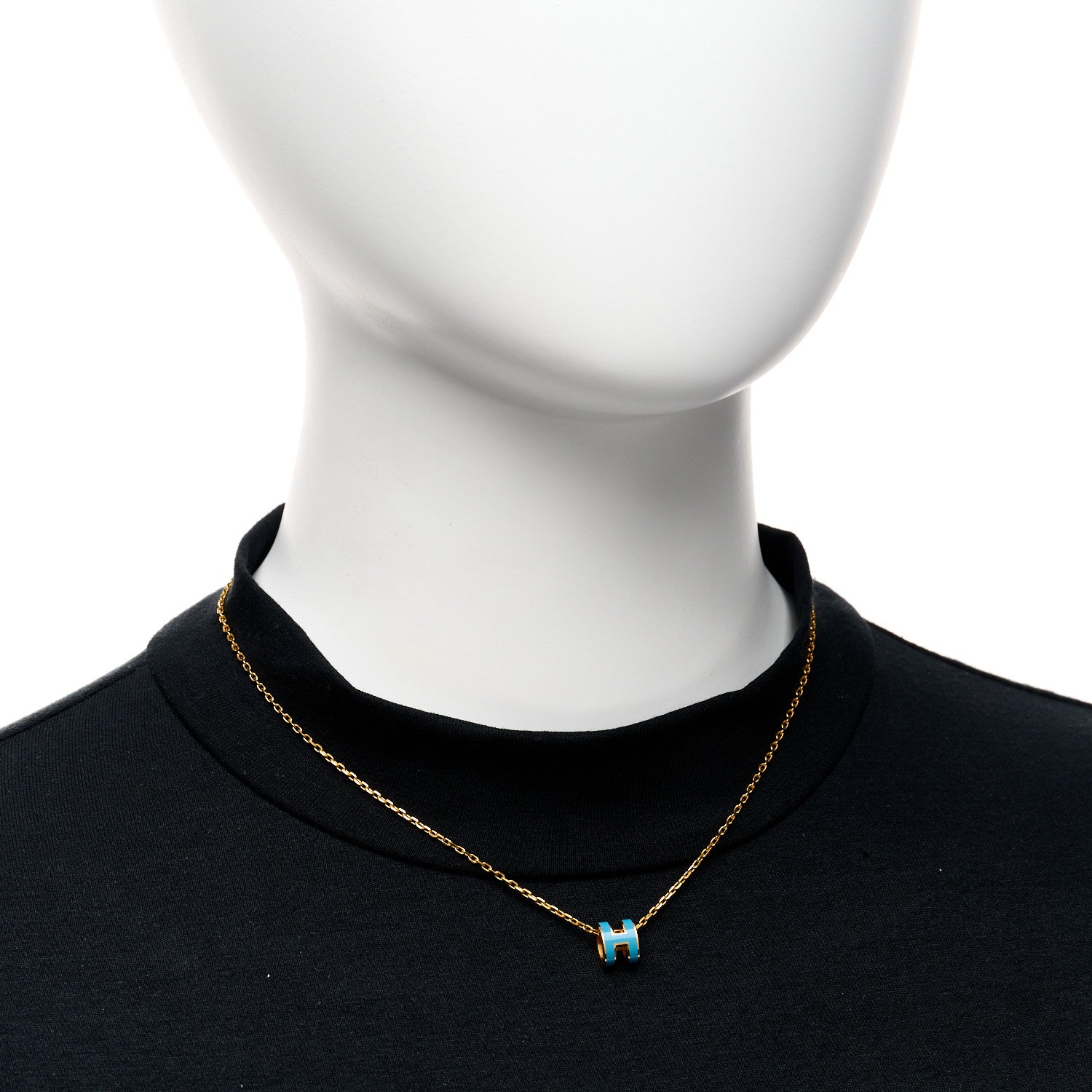 Hermes Lacquered Gold Mini Pop H Pendant Necklace Bleu Jean 2 of 6