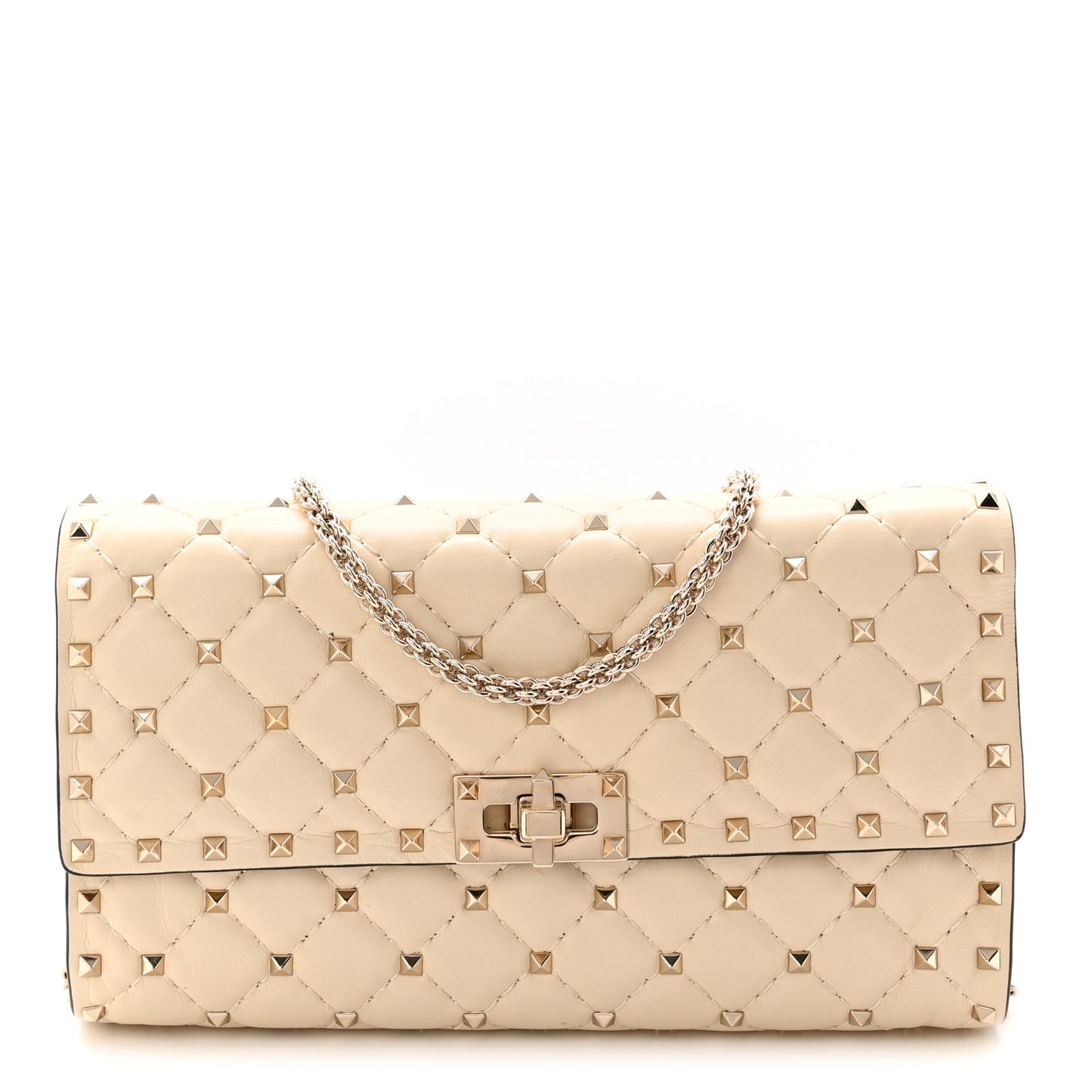 Lambskin Rockstud Spike Wallet on Chain Light Ivory