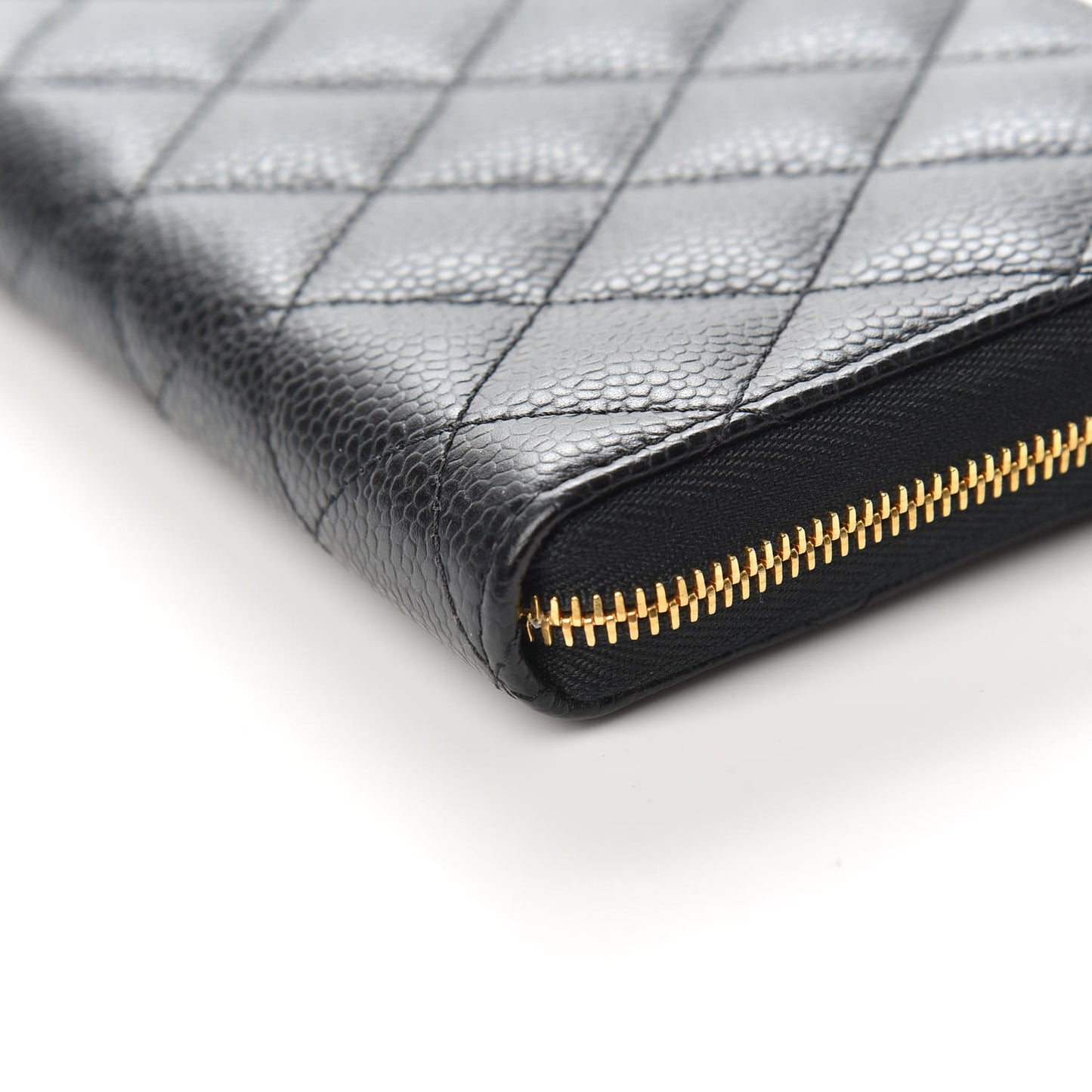 Caviar Quilted Large Gusset Zip Around Wallet Black