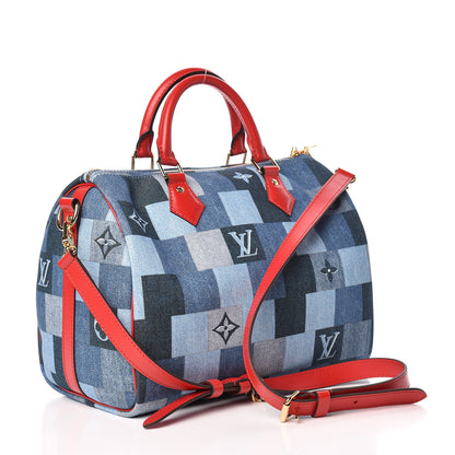 Louis Vuitton Denim Damier Monogram Patchwork Speedy Bandouliere 30 Blue Rouge 3 of 10