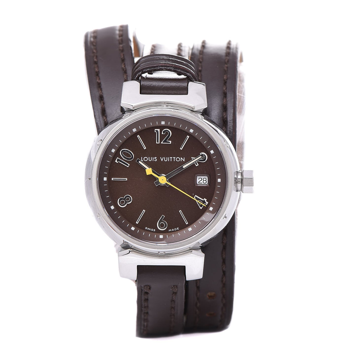 Stainless Steel Calfskin 28mm Tambour Triple Wrap Quartz Watch Brown