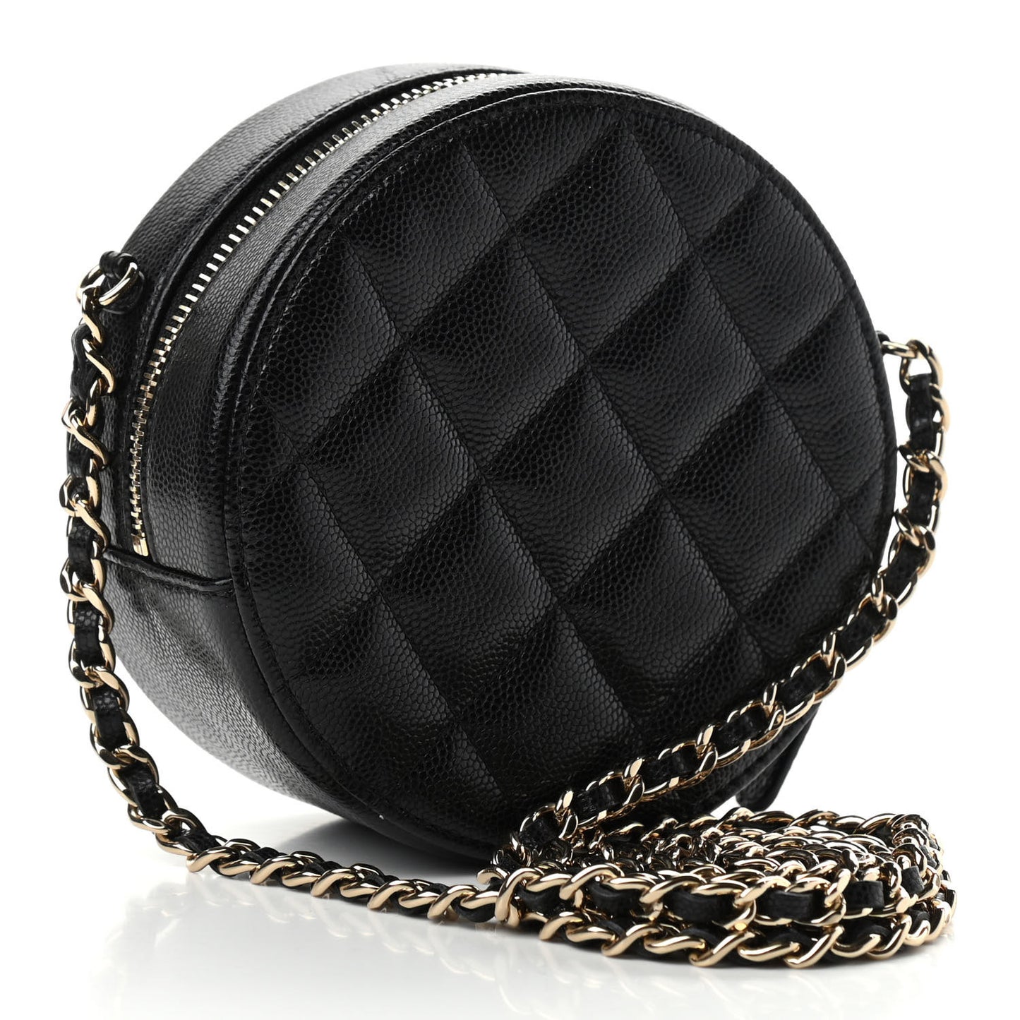 Caviar Quilted French New Wave Round Clutch With Chain Black