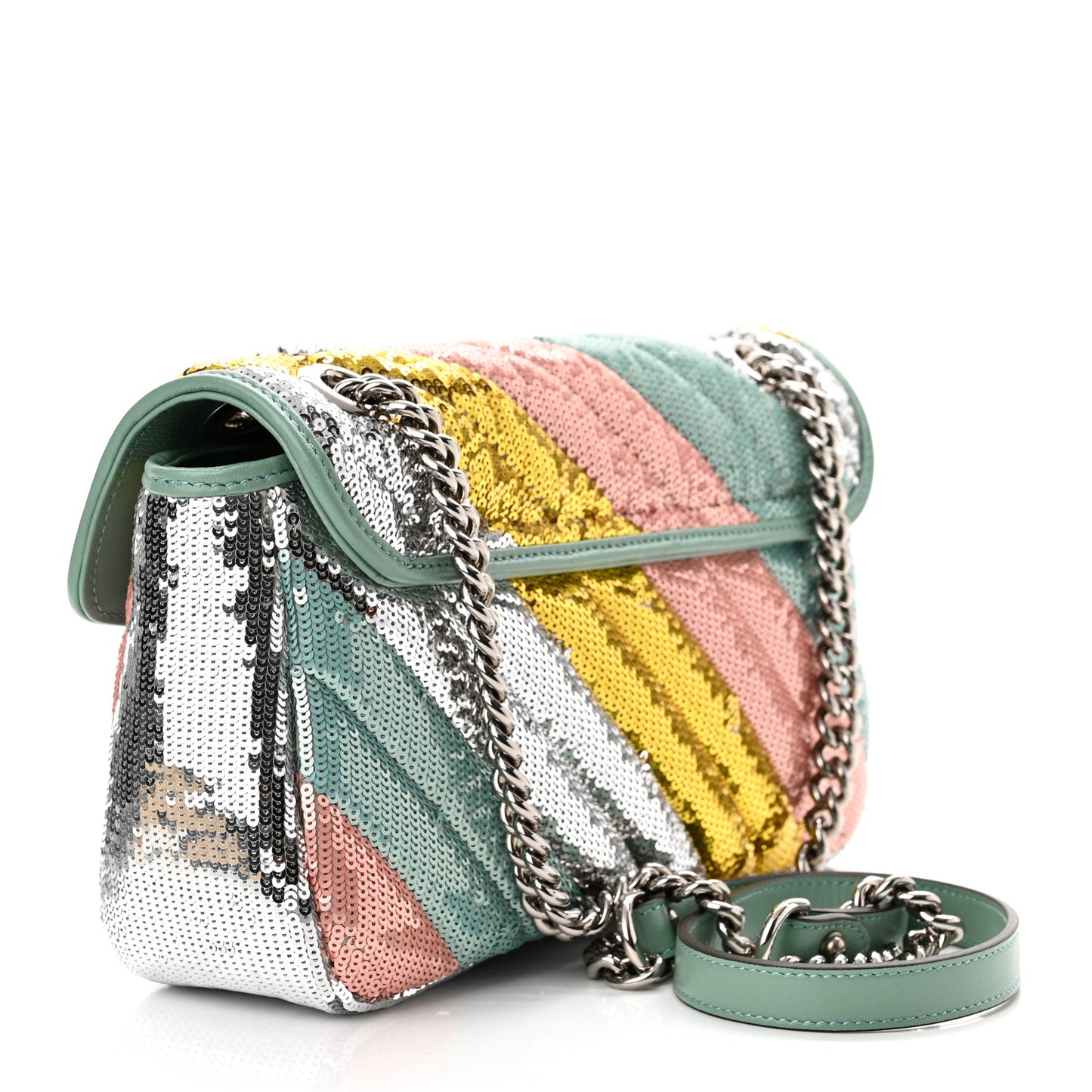 Sequin Satin Calfskin Matelasse Diagonal Small GG Marmont Shoulder Bag Grigio Argento Verde Chiaro Rosa Giallo Light Water Green