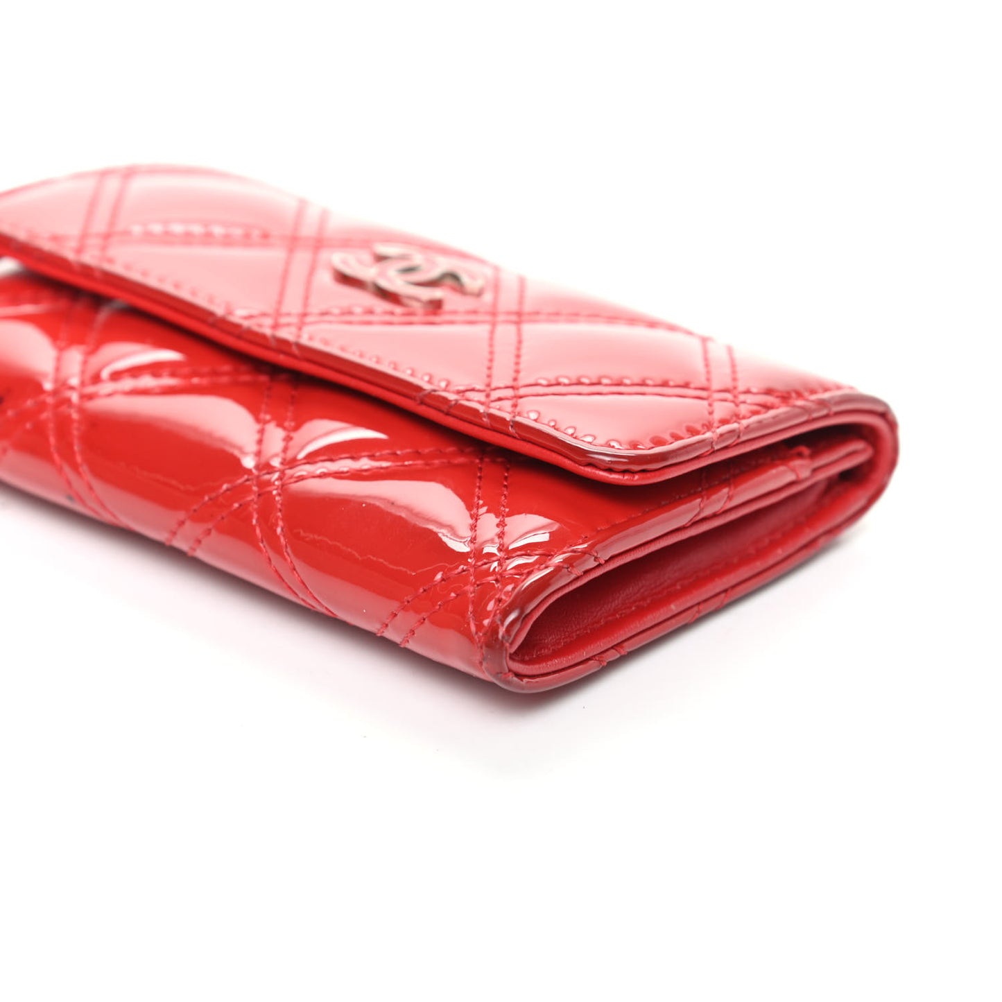 Patent Quilted Double Stitched Flap Card Holder Red