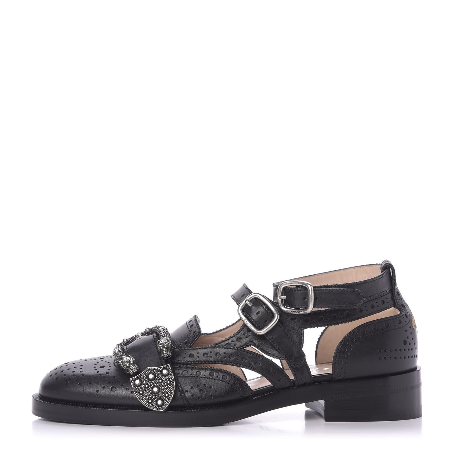 Calfskin Bee Embroidered Womens Queercore Brogue Wingtip Monk Strap Loafers 37.5 Black