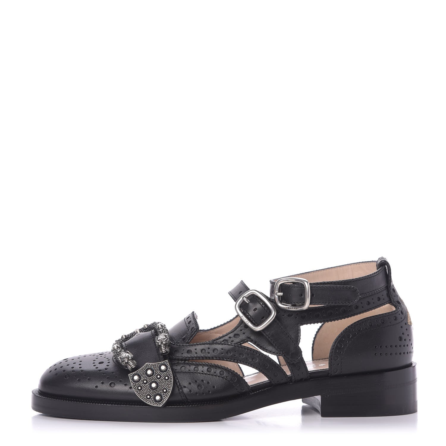 Gucci Calfskin Bee Embroidered Womens Queercore Brogue Wingtip Monk Strap Loafers 37.5 Black 2 of 11