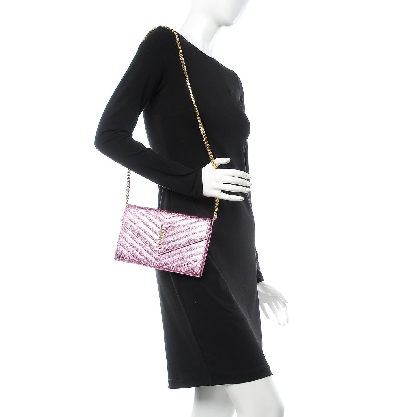 Metallic Crackled Calfskin Matelasse Chevron Monogram Chain Wallet Light Pink