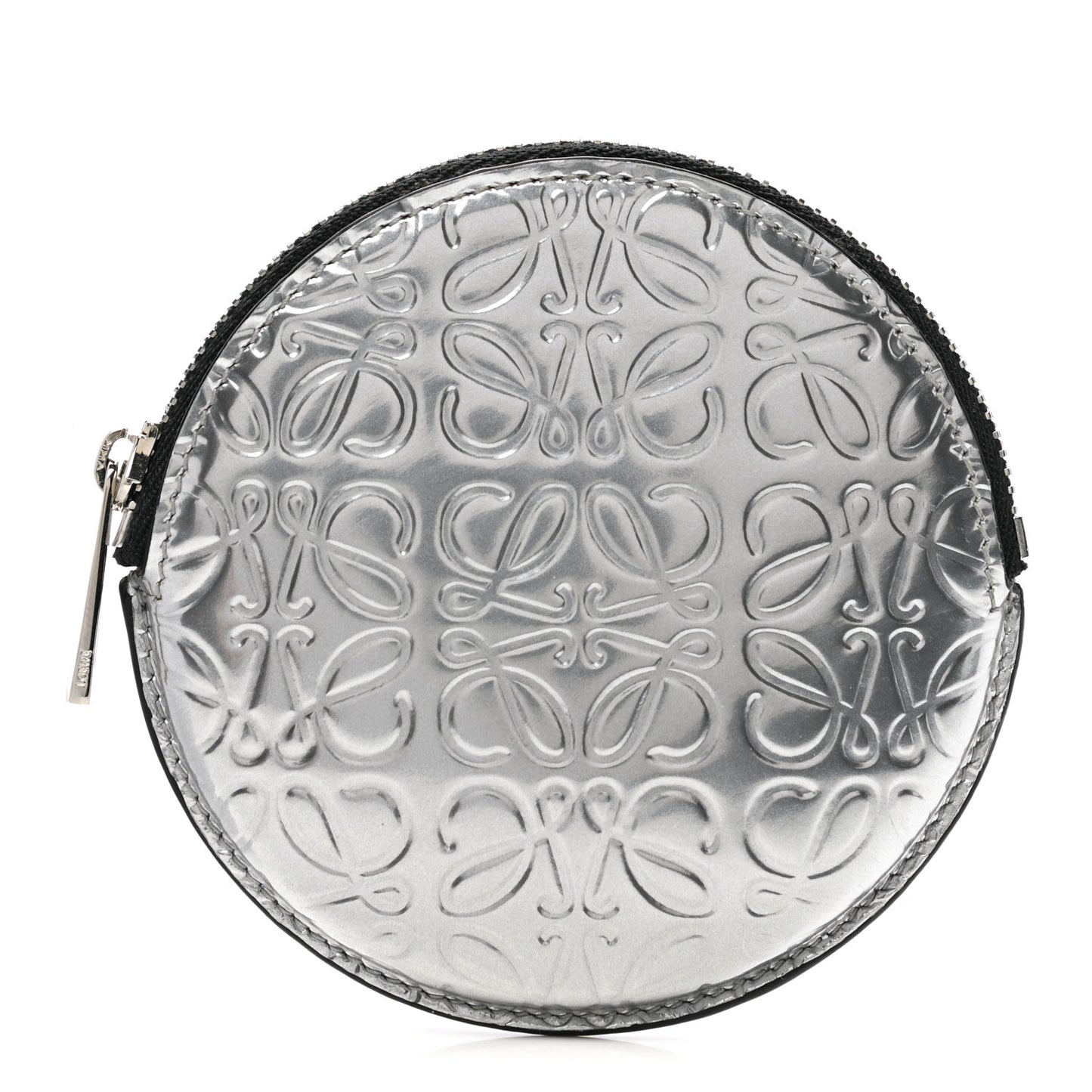 Metallic Calfskin Embossed Anagram Cookie Zip Coin Purse Silver