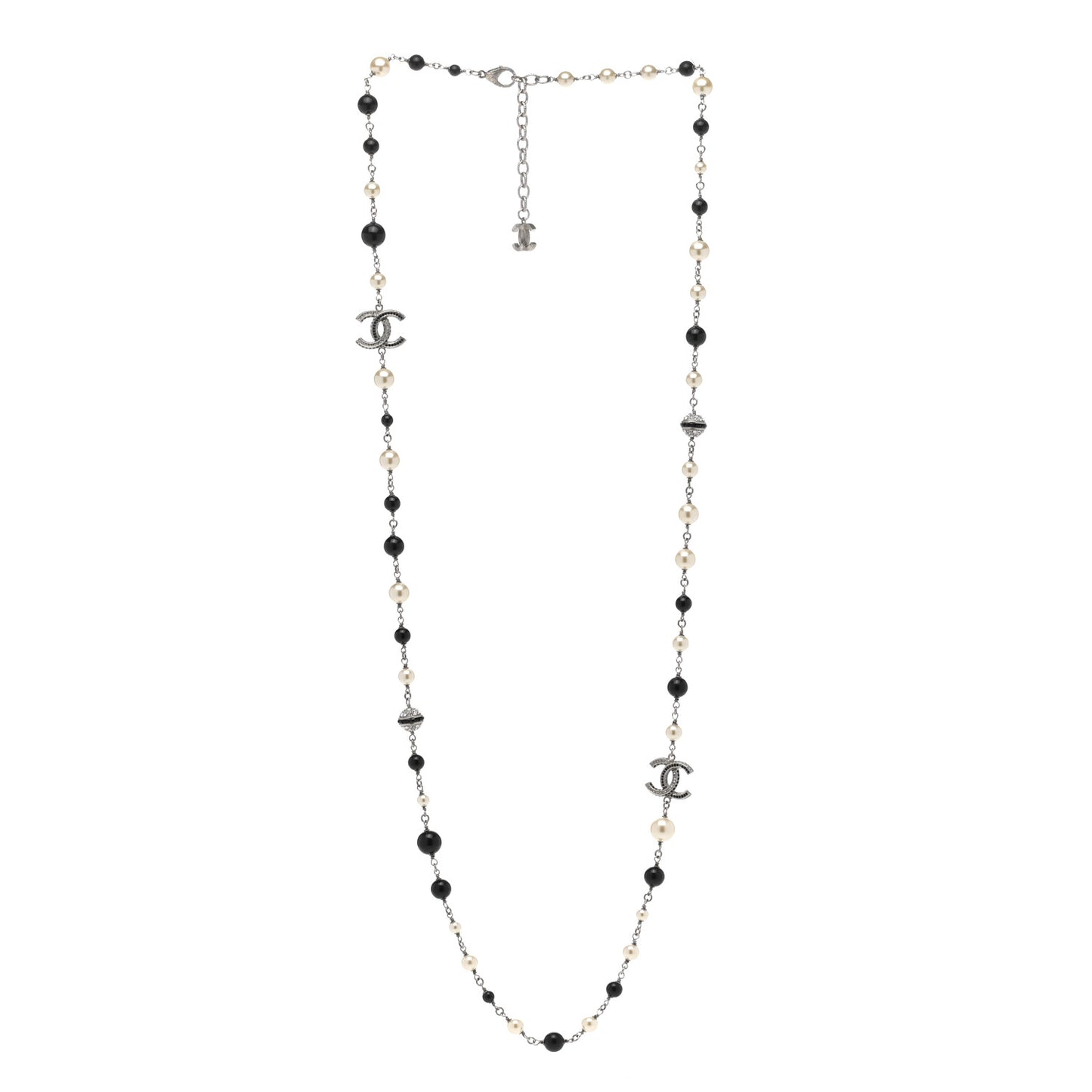 Pearl Crystal Bead CC Long Necklace Black Silver