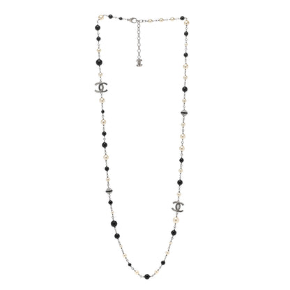 Chanel Pearl Crystal Bead CC Long Necklace Black Silver 3 of 6