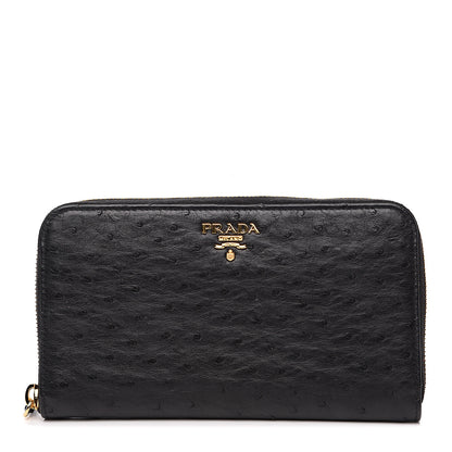 Prada Ostrich Zip Around Wallet Black 1 of 8