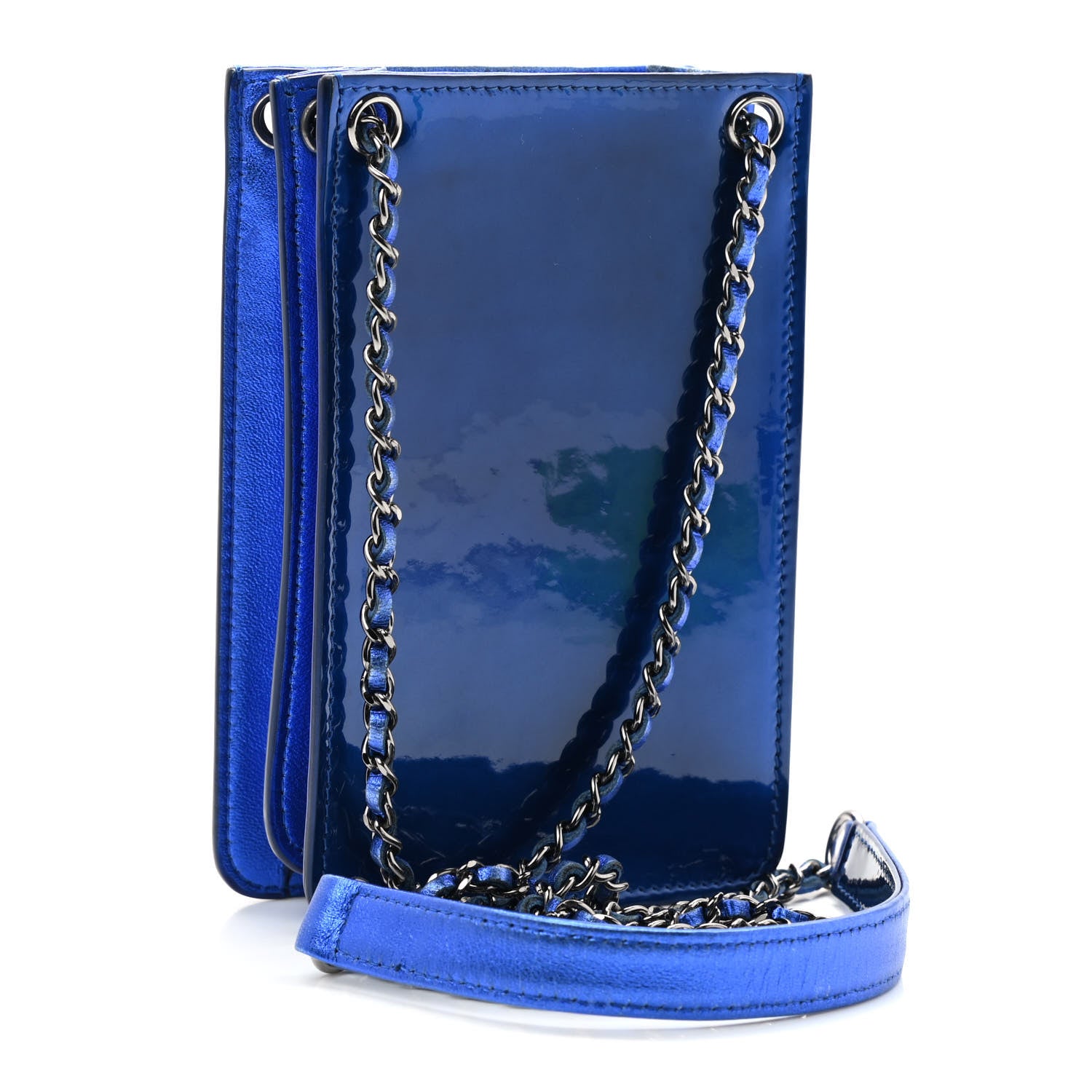 Chanel Metallic Patent Crossbody CC Phone Holder Blue 3 of 8