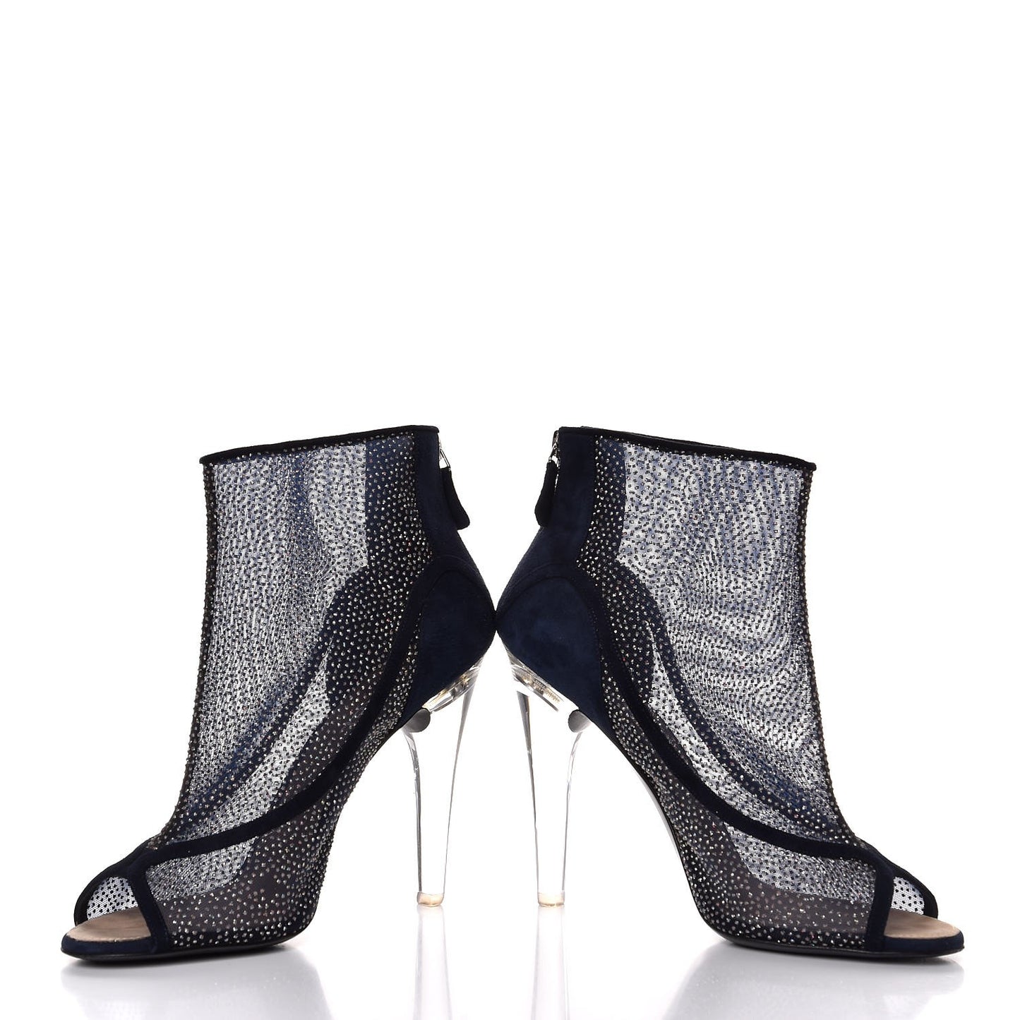 Mesh Crystal Open Toe Ankle Boots 41 Navy