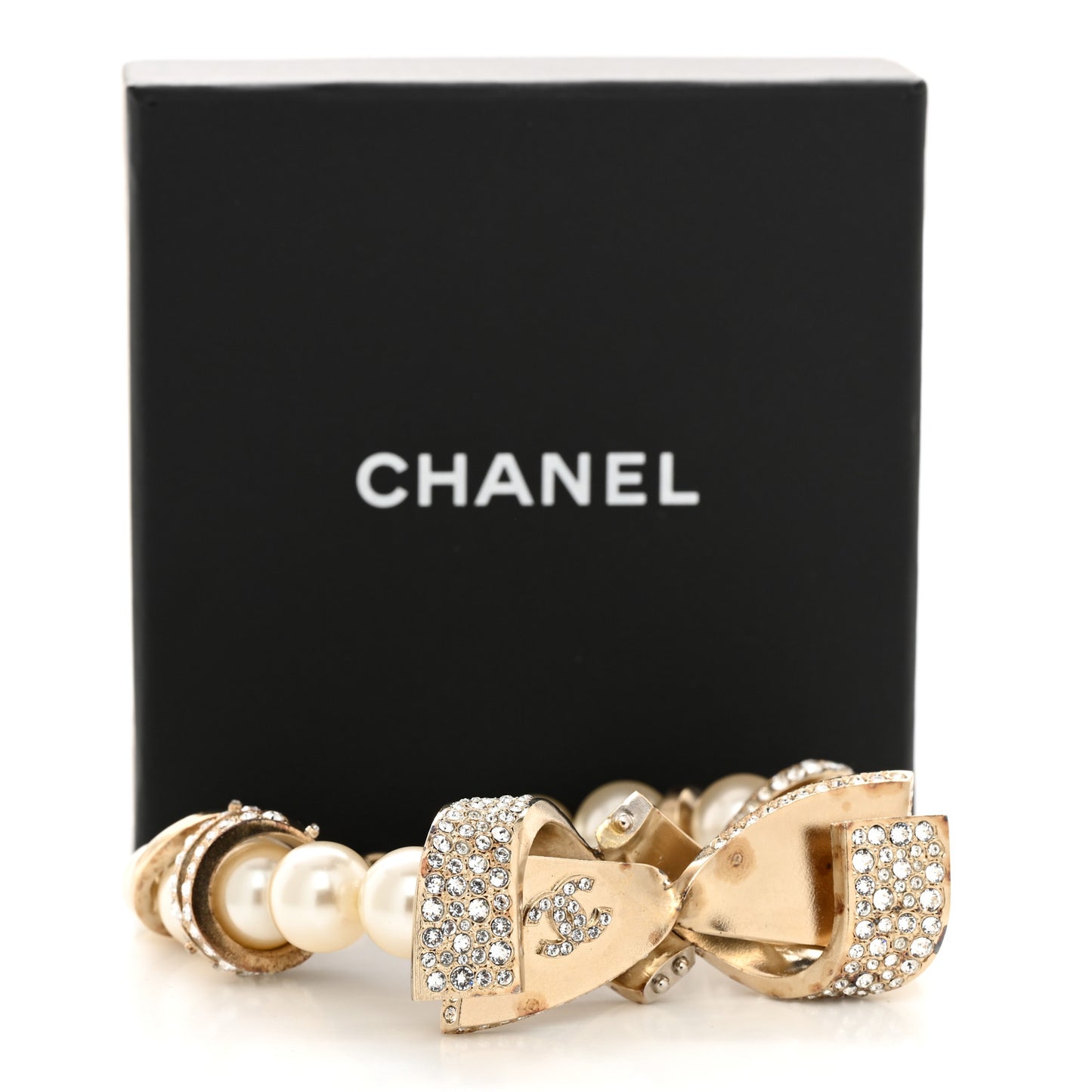 Pearl Crystal CC Bow Bracelet Gold