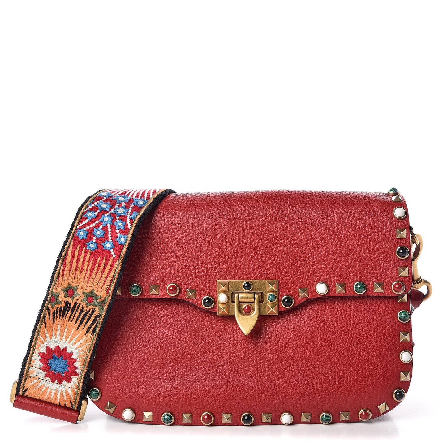 Calfskin Enchanted Wonderland Medium Guitar Strap Rockstud Rolling Flap Saddle Bag Rosso Valentino