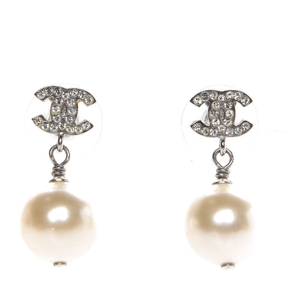 Chanel Crystal Pearl CC Drop Earrings Silver Pearly White 1 of 6
