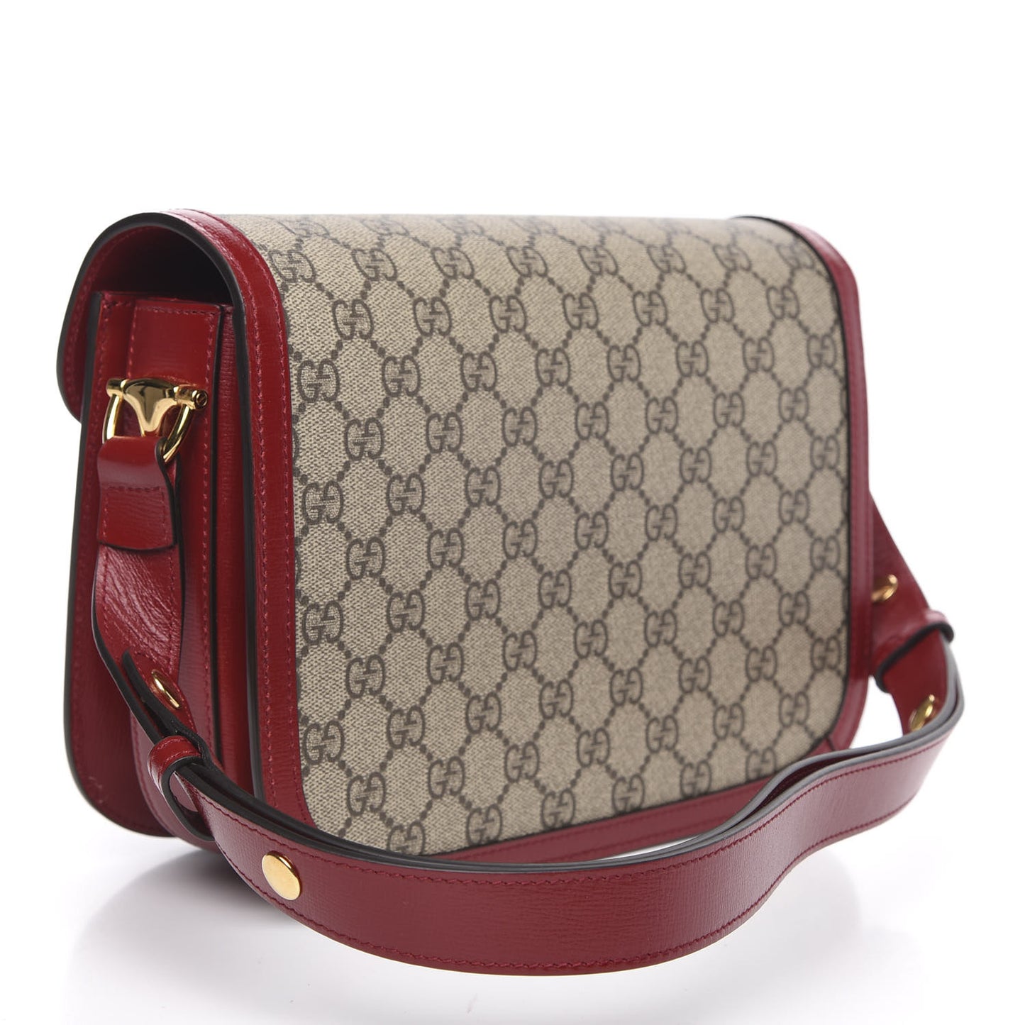 GG Supreme Monogram Azalea Calfskin Horsebit 1955 Shoulder Bag Beige Ebony New Cherry Red