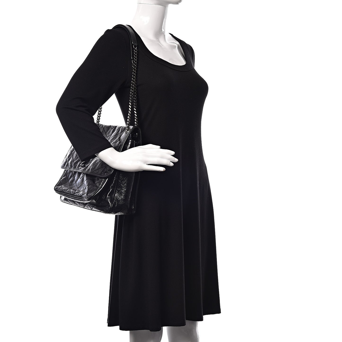 Crinkled Calfskin Matelasse Monogram Large Niki Chain Satchel Black