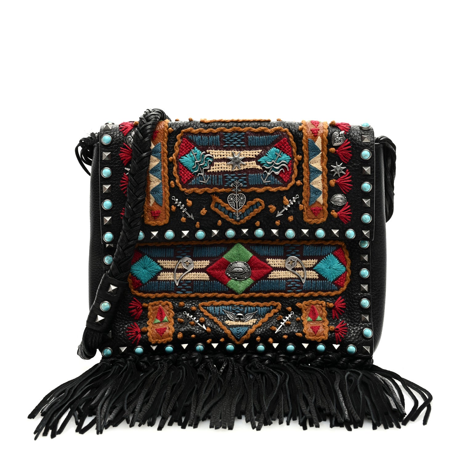 Valentino Garavani Pebbled Calfskin Embroidered Rockstud Rolling Fringe Messenger Black 1 of 10