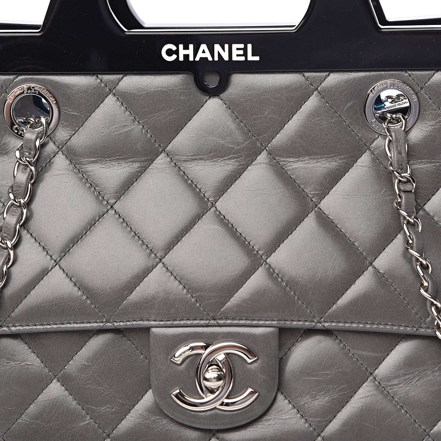 Glazed Calfskin Quilted Small CC Delivery Tote Grey