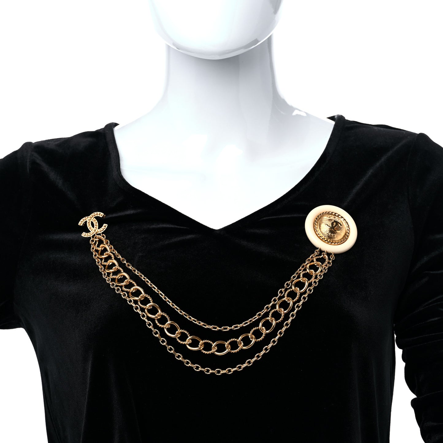Metal Resin Medallion Multi Strand Long Chain Brooch Gold