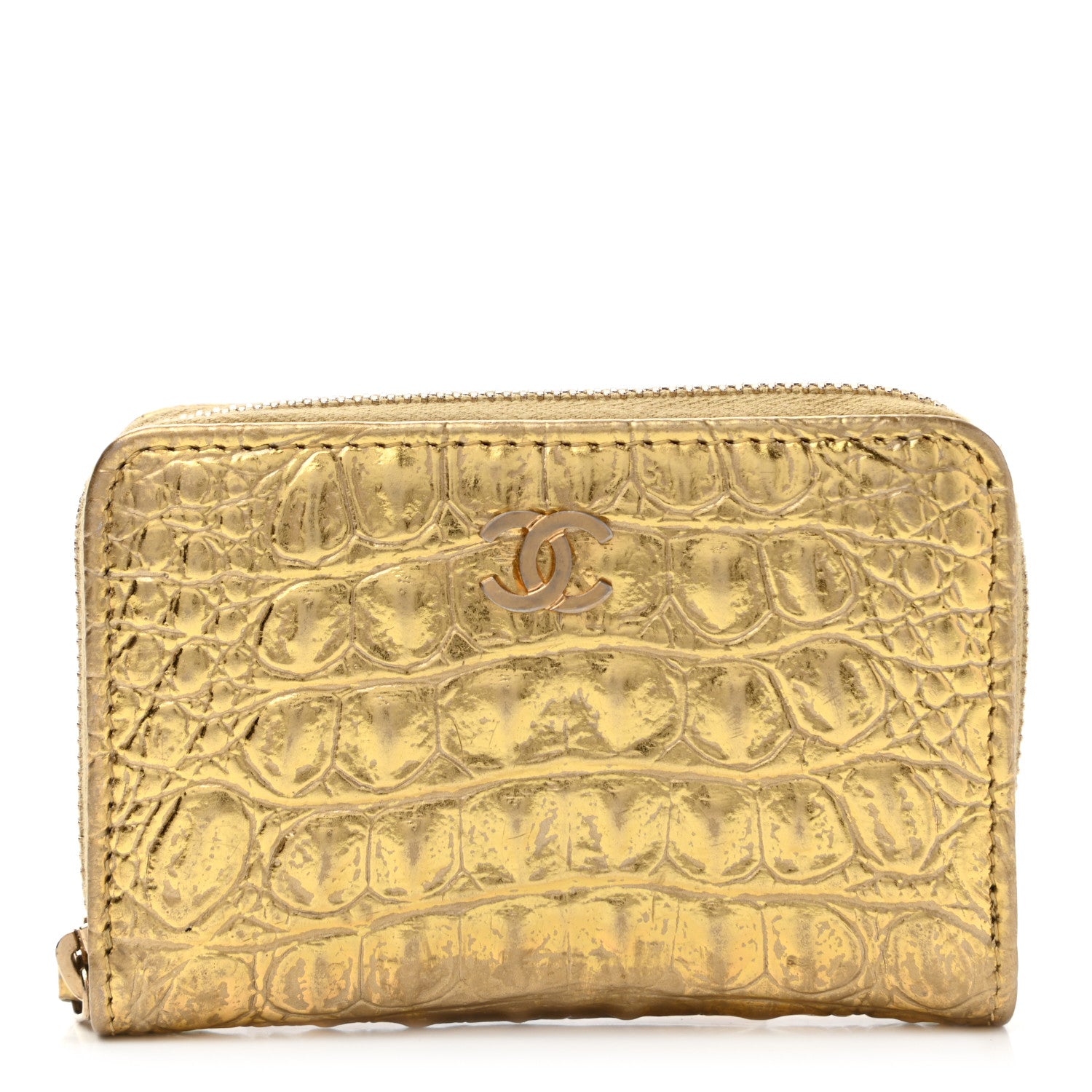 Chanel Metallic Calfskin Crocodile Embossed Cocodile Zip Coin Case Gold 1 of 11