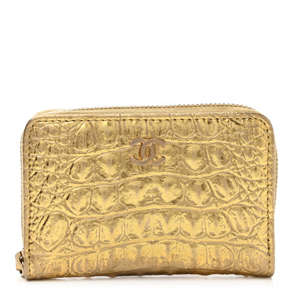 Chanel Metallic Calfskin Crocodile Embossed Cocodile Zip Coin Case Gold 1 of 11