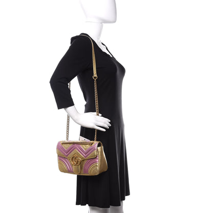 Gucci Metallic Calfskin Matelasse Small GG Marmont Shoulder Bag Gold Pink 2 of 11
