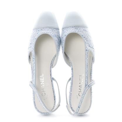 Chanel Tweed Lambskin Cap Toe Slingback Flats 39.5 Blue White Silver 2 of 10