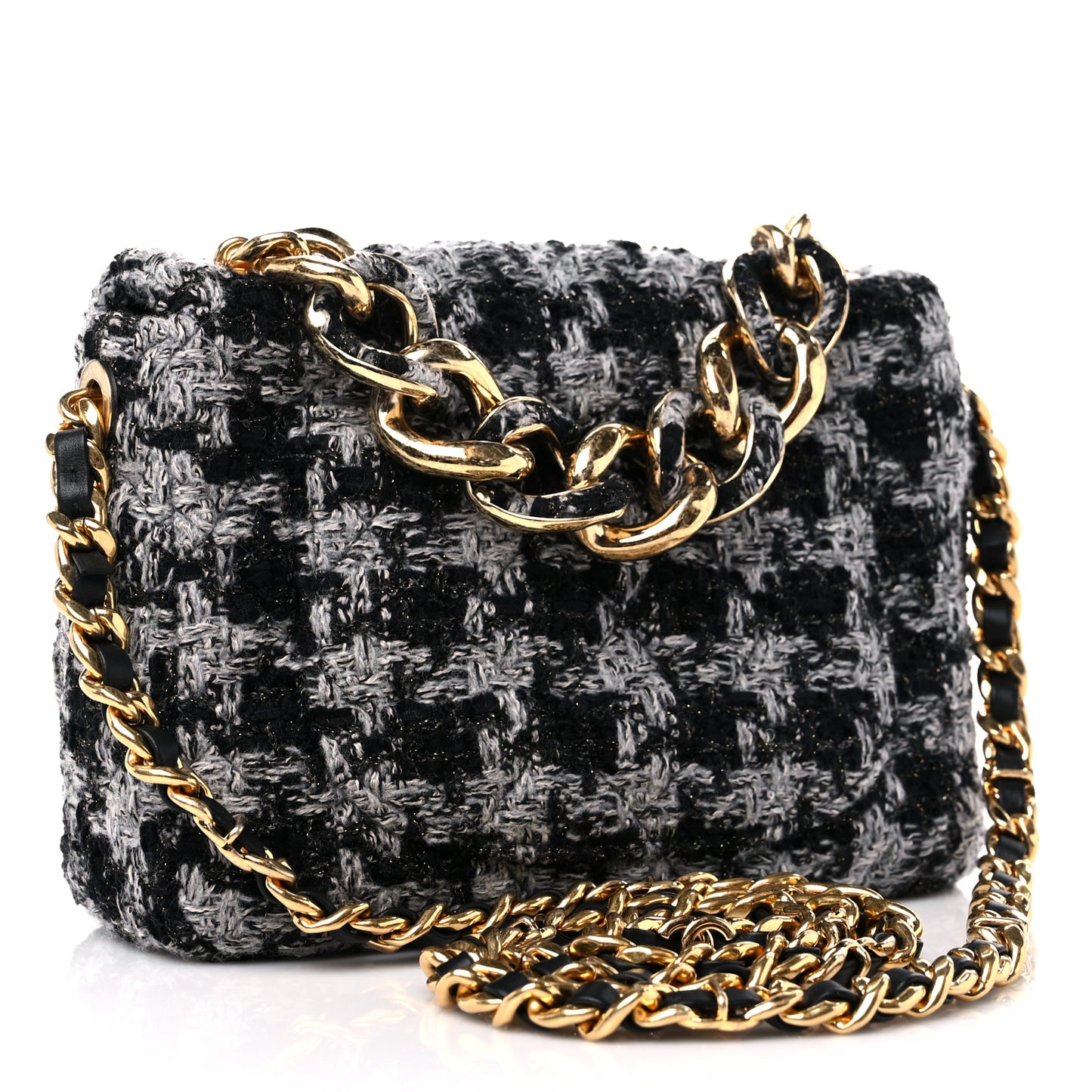 Wool Tweed Quilted Small Elegant Chain Flap Black Grey