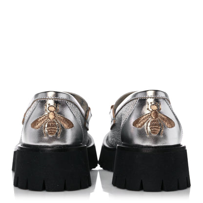 Gucci Mini Diamond Storm Silk Calfskin Womens Harald Horsebit 25mm Platform Loafers 35 Silver 5 of 10