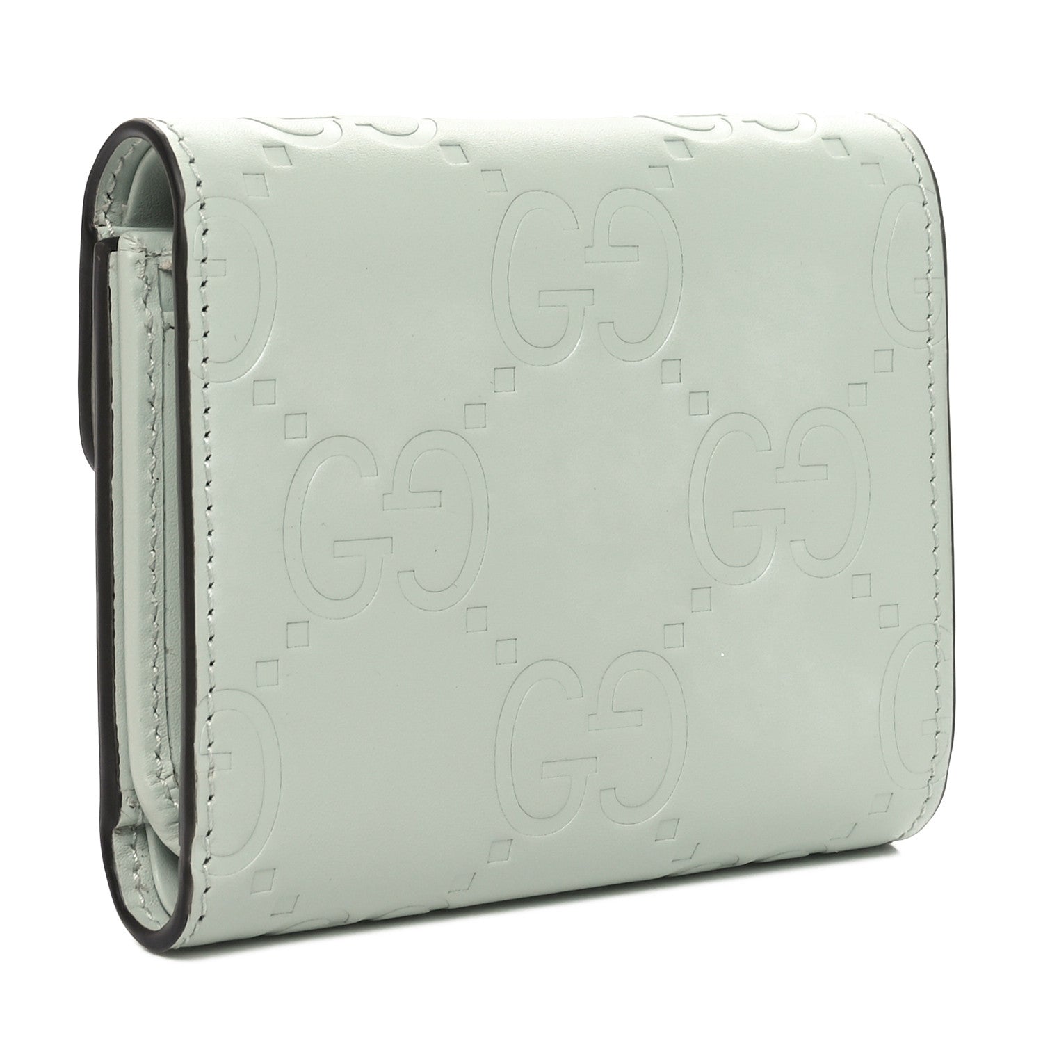 Gucci Gilbert Calfskin Jumbo GG Embossed Tri-Fold Wallet Salvy Green 3 of 9