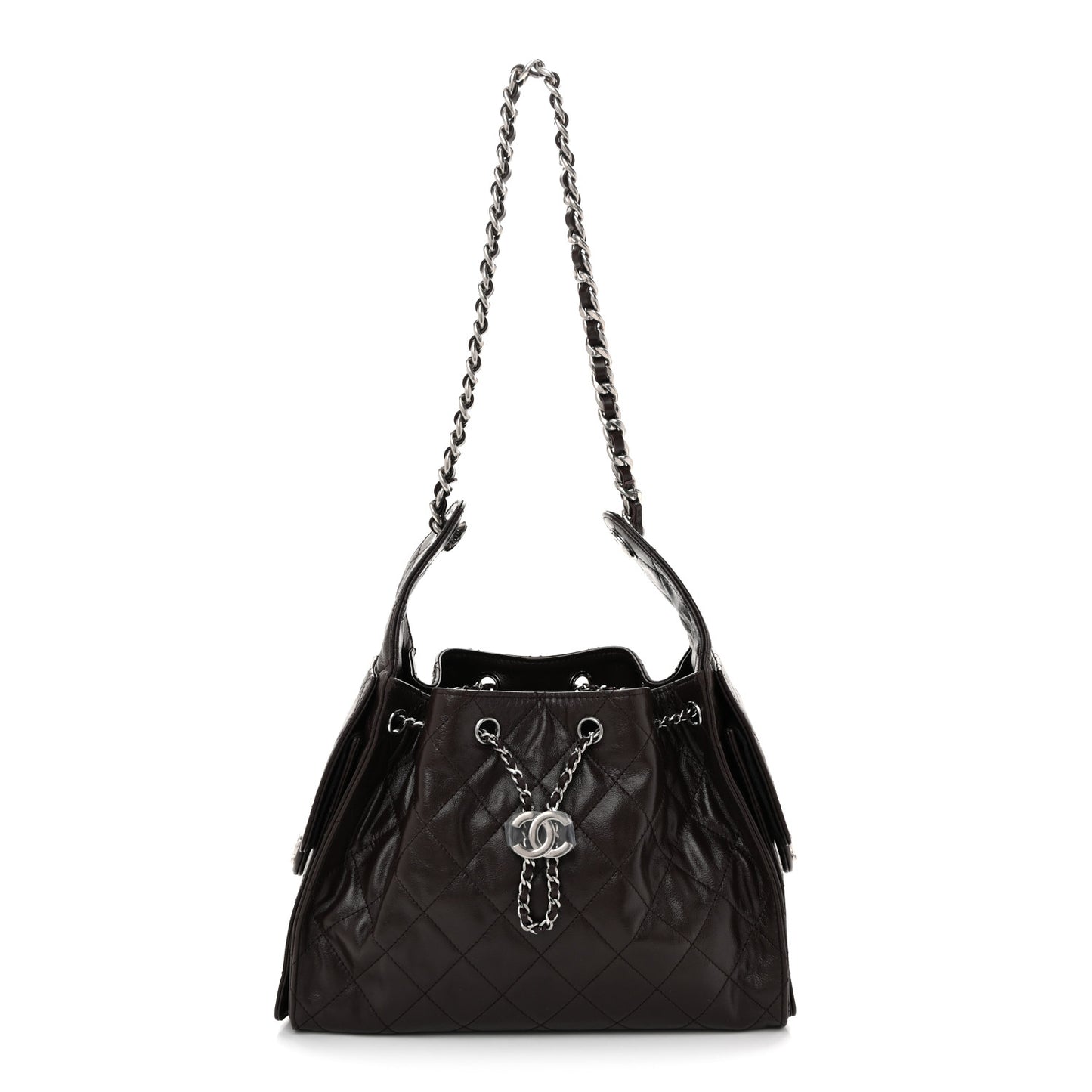 Shiny Crumpled Calfskin Quilted Small Chanel 25 Handbag Dark Brown