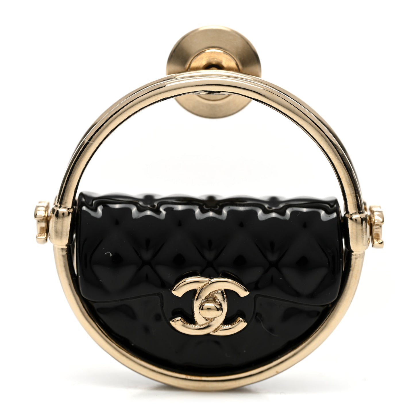 Metal Resin Quilted Flap Bag Hoop Brooch Black Gold