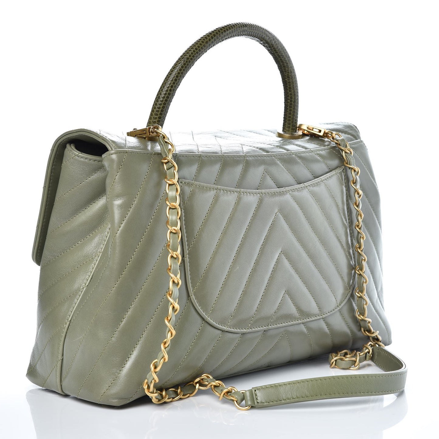 Calfskin Lizard Chevron Quilted Medium Coco Handle Flap Green