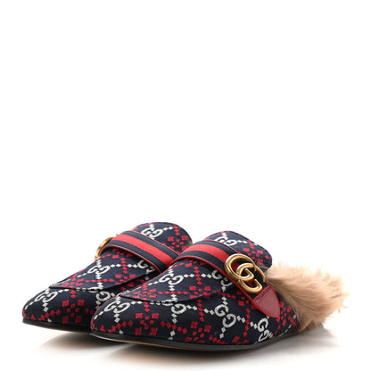 Gucci Canvas GG Monogram Diamond Fur Web GG Mens Princetown Slippers 9 Midnight Blue Hibiscus Red 3 of 8