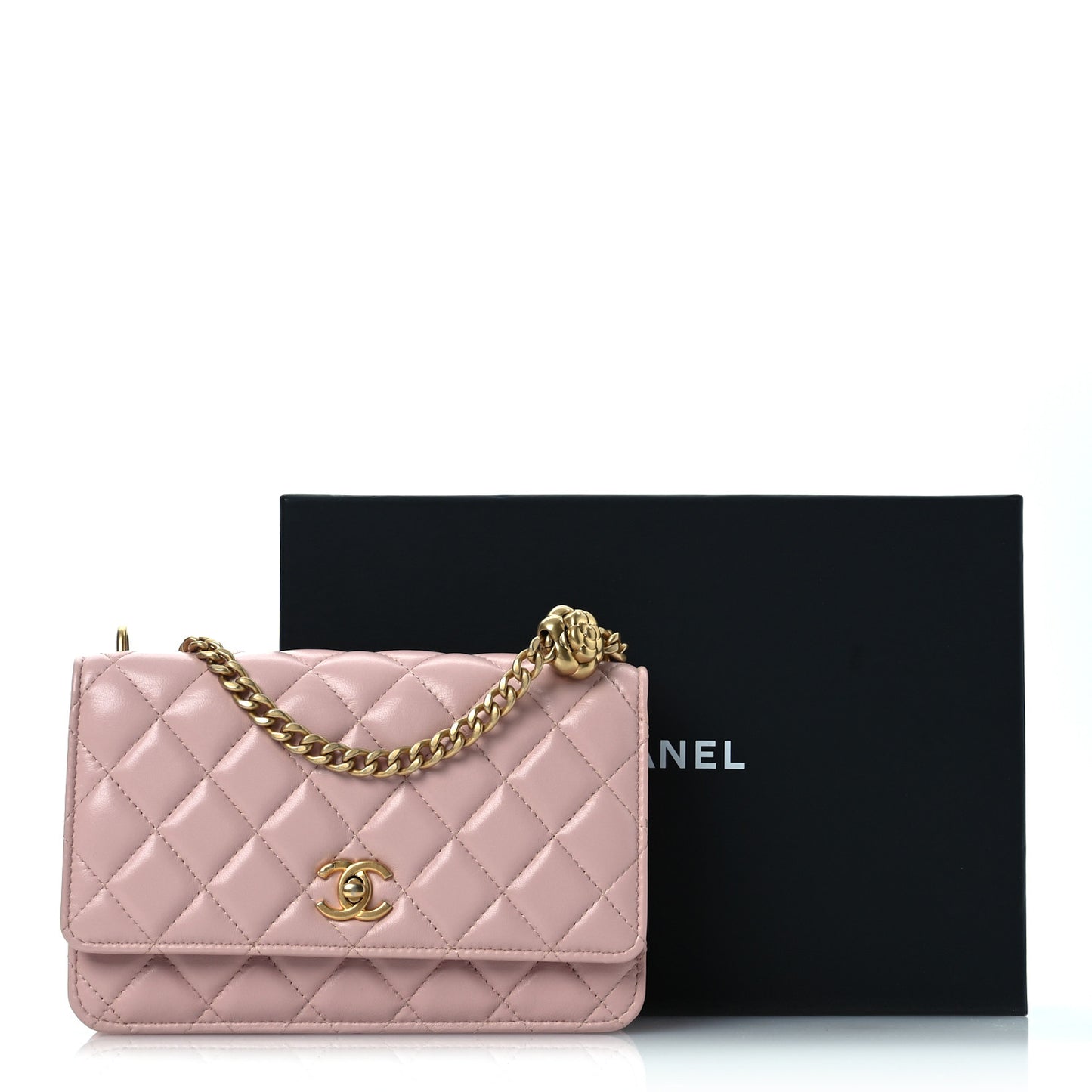 Lambskin Quilted Sweet Camellia Wallet on Chain WOC Light Beige