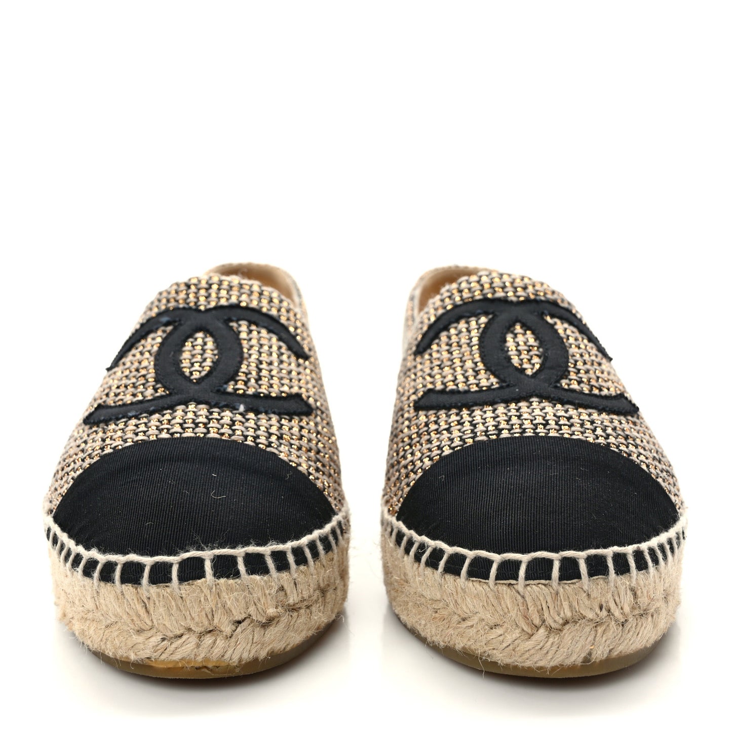 Metallic Tweed Grosgrain CC Espadrilles 38 Black Gold
