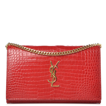 Saint Laurent Calfskin Crocodile Embossed Monogram Chain Wallet New Red 1 of 10