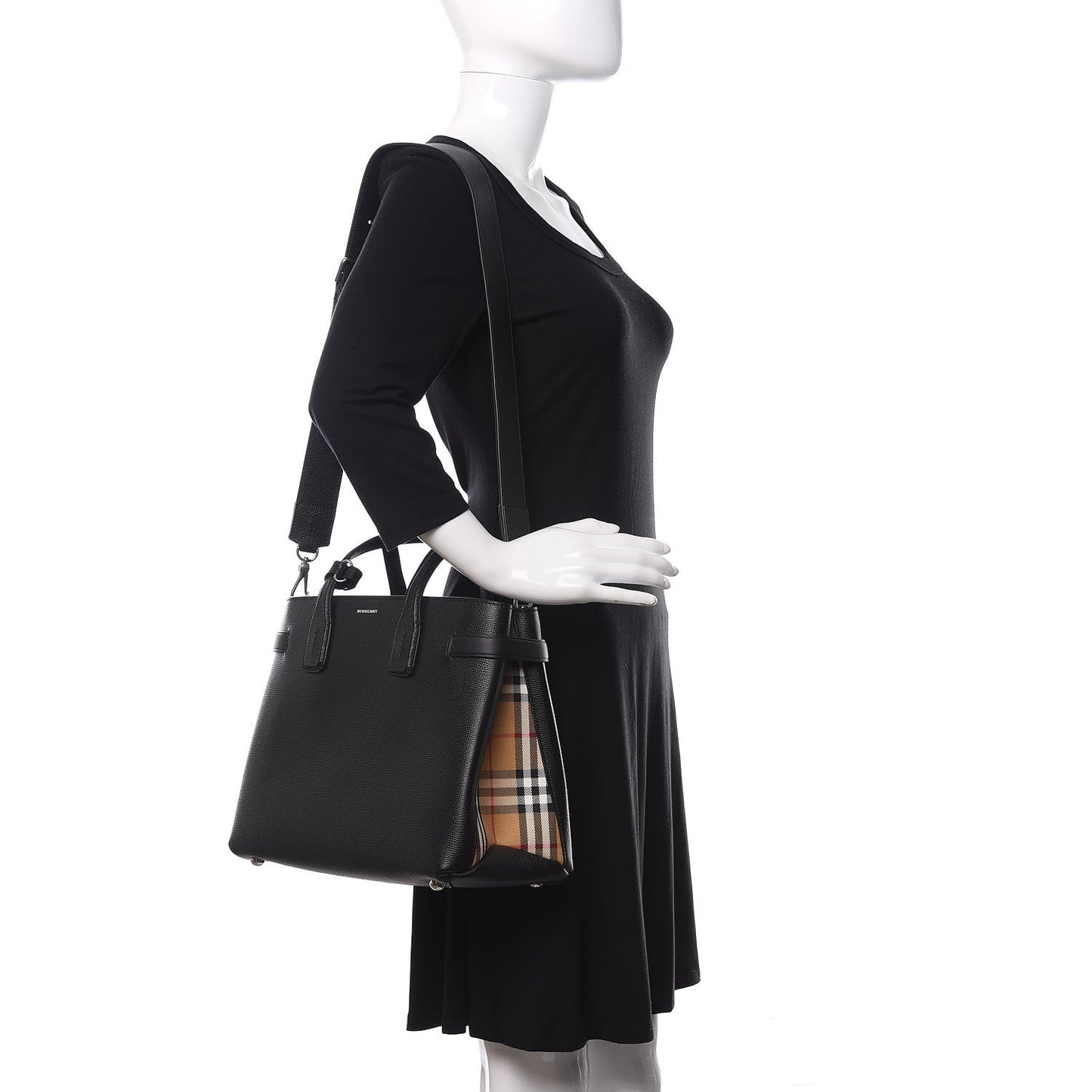 Grainy Calfskin House Check Medium Banner Tote Black