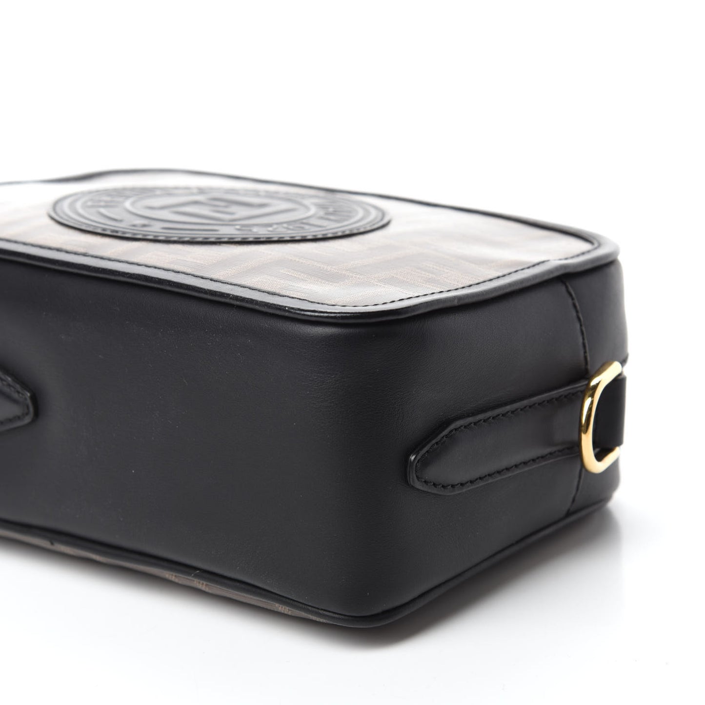 Glazed Fabric Vitello Century F is Fendi FF 1974 Stamp Patch Camera Case Mogano Panna Black