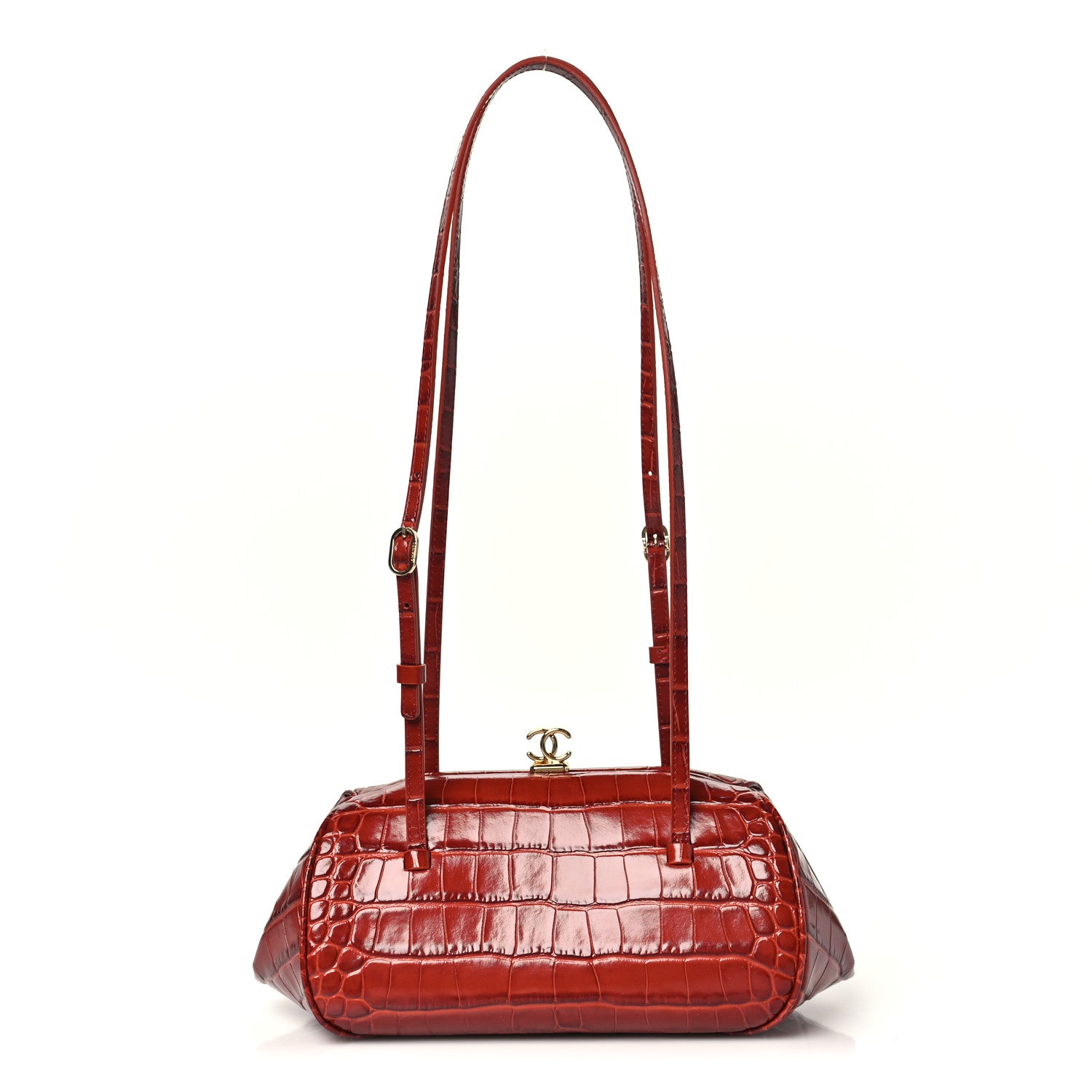Chanel Calfskin Crocodile Embossed Pretty CC Clutch With Strap Bordeaux 1 of 11