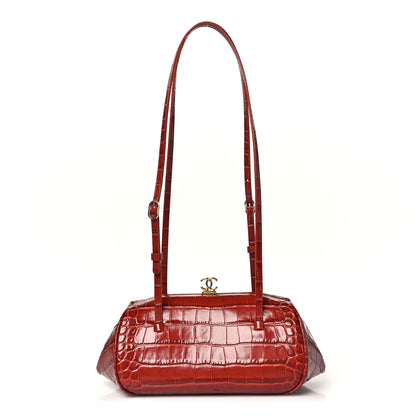 Chanel Calfskin Crocodile Embossed Pretty CC Clutch With Strap Bordeaux 1 of 11