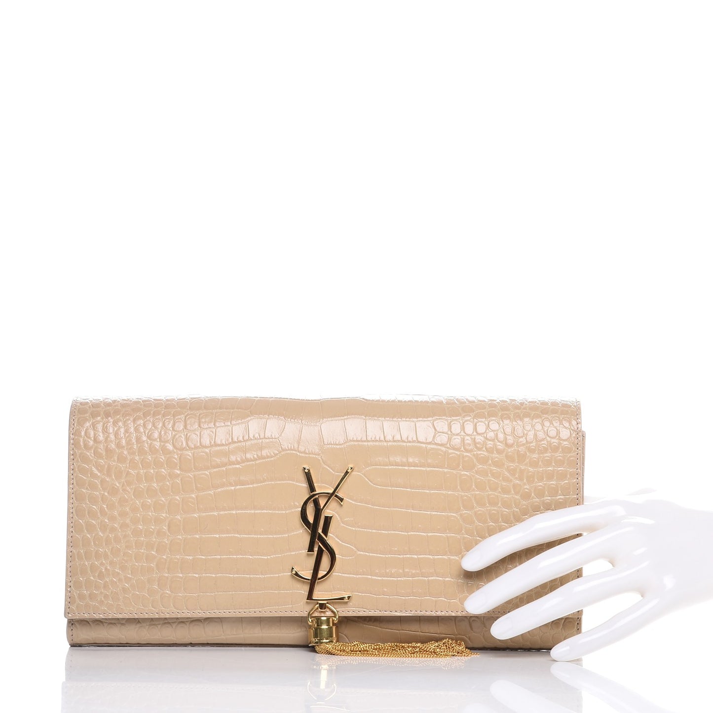 Calfskin Crocodile Embossed Classic Monogram Tassel Clutch Nude