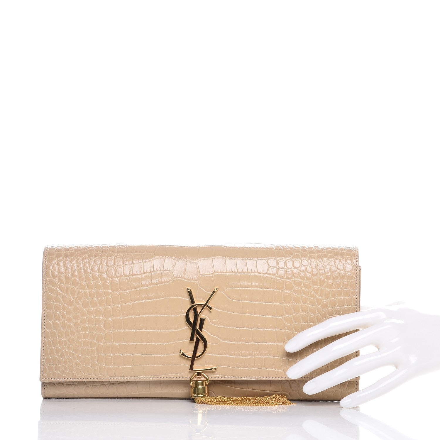 Saint Laurent Calfskin Crocodile Embossed Classic Monogram Tassel Clutch Nude 2 of 7