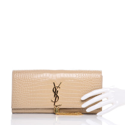 Saint Laurent Calfskin Crocodile Embossed Classic Monogram Tassel Clutch Nude 2 of 7