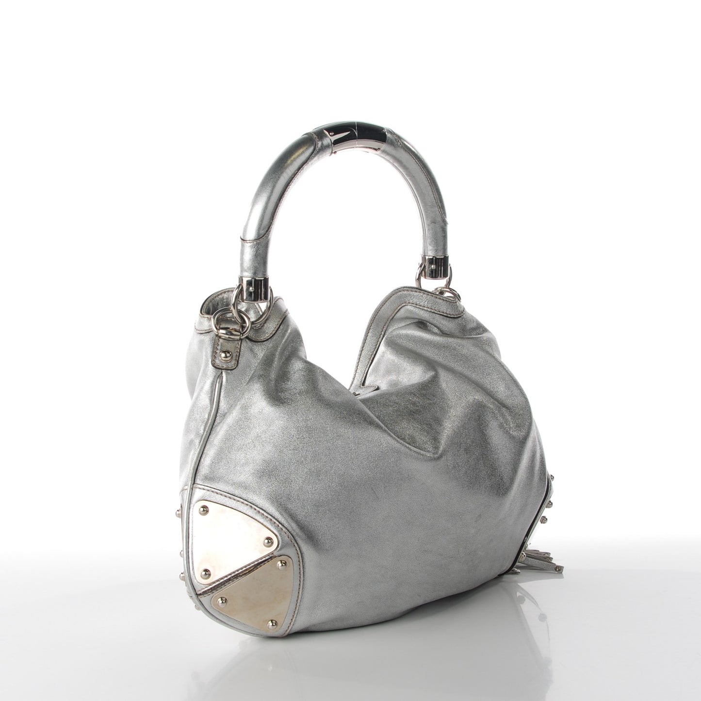 Metallic Calfskin Medium Indy Top Handle Hobo Silver