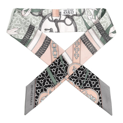 Hermes Silk La Promenade Du Matin Twilly Black Rose Poudre Celadon 1 of 4
