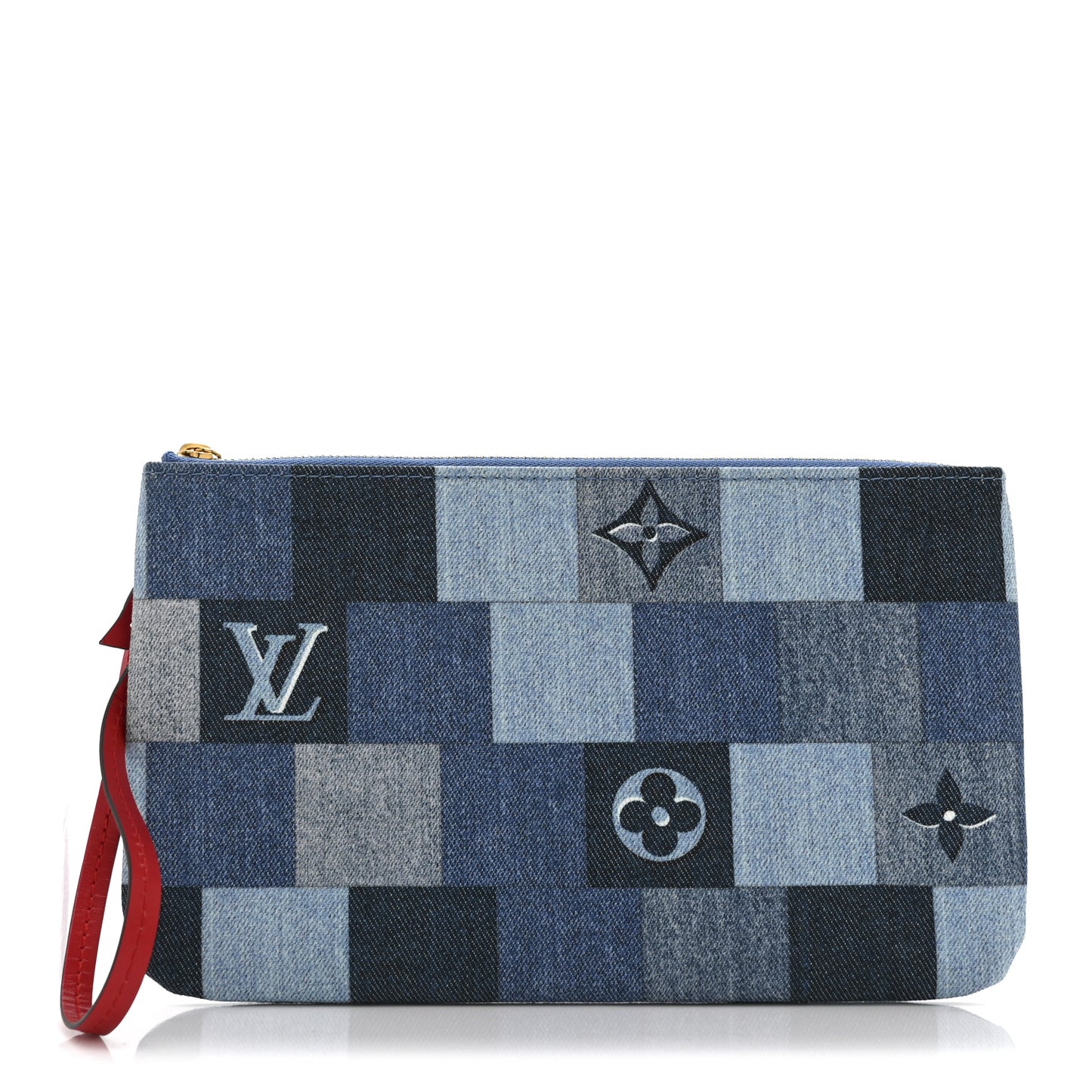 Denim Damier Monogram Patchwork Neverfull MM Pochette  Blue Rouge