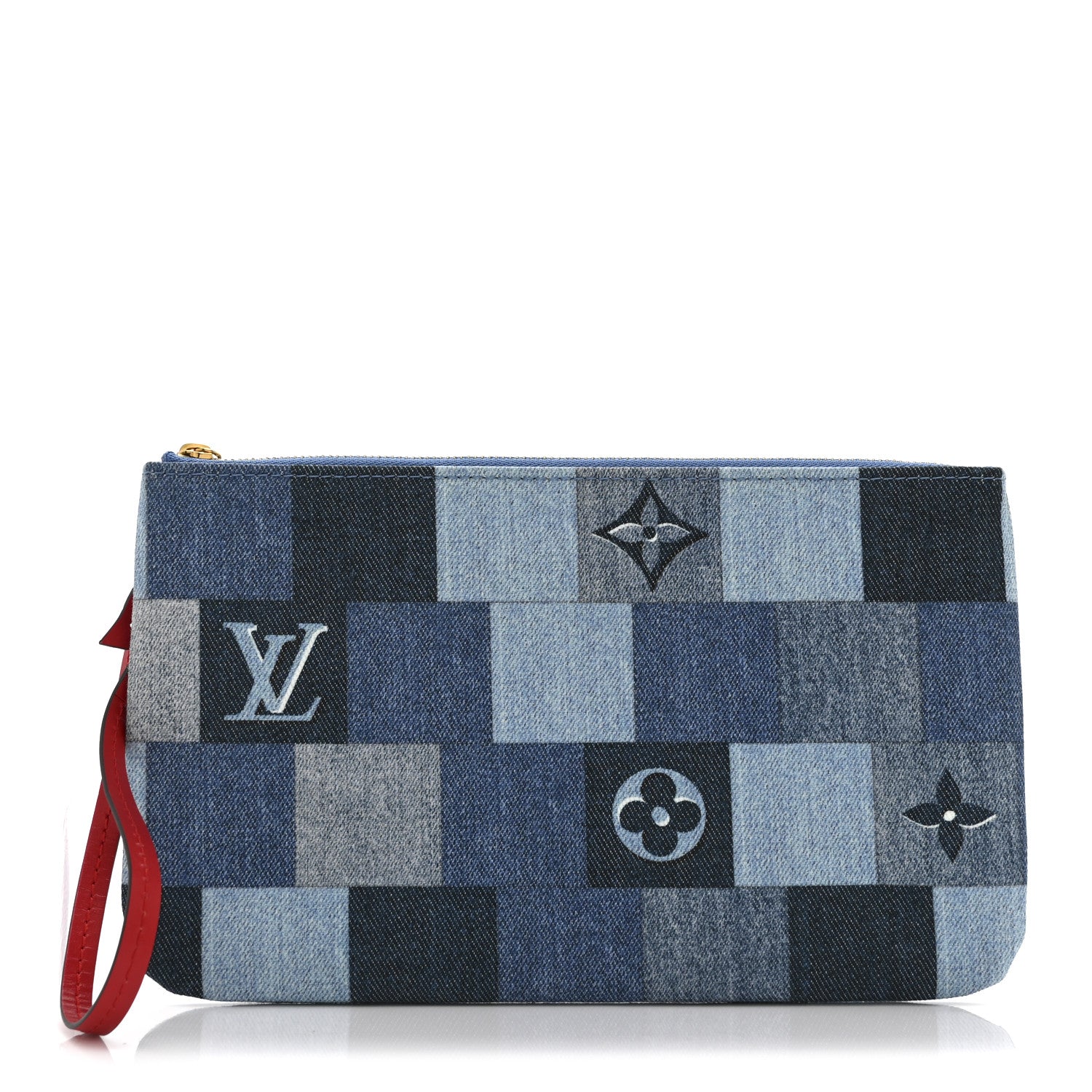 Louis Vuitton Denim Damier Monogram Patchwork Neverfull MM Pochette  Blue Rouge 1 of 10